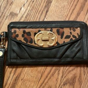 Emma Fox Wallet Clutch Black & Leopard Pattern Leather Multi Pocketed Fits Phone
